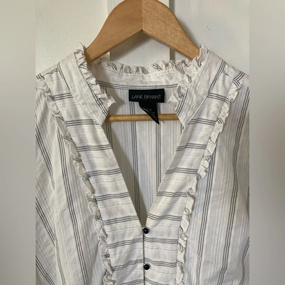 LANE Bryant ruffled popover blouse button cuffs striped